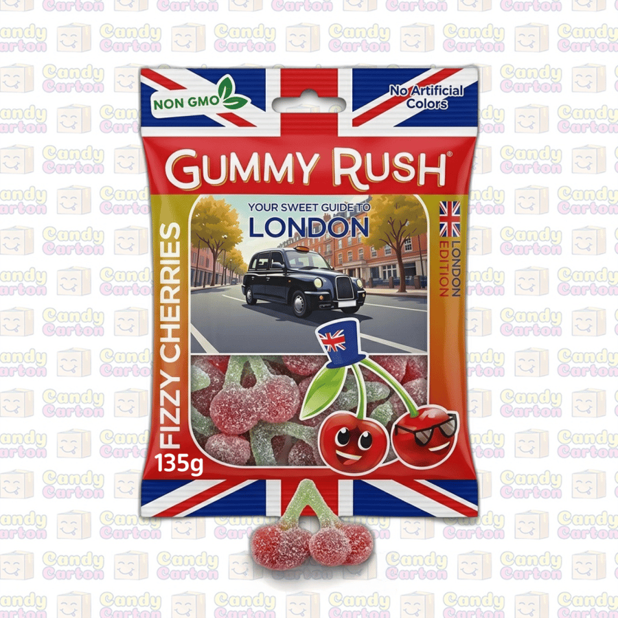 جيمي راش حلوى جلي كرز فوار حامض تركيا 135 جرام مستورد من تركيا Gummy Rush Fizzy Cherries London Edition 135g