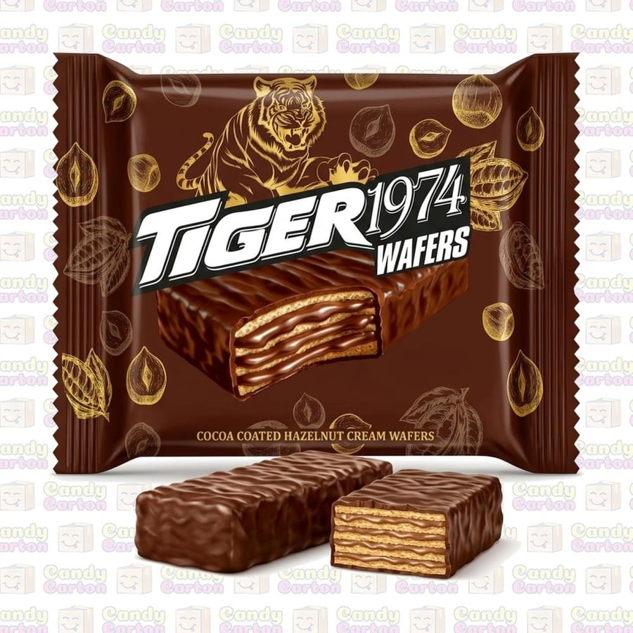 تايجر 1974 ويفر بحشوة كريمة البندق ومغطى بالكاكاو مستورد من تركيا Tiger 1974 Cocoa Coated Hazelnut Cream Wafers.jpg