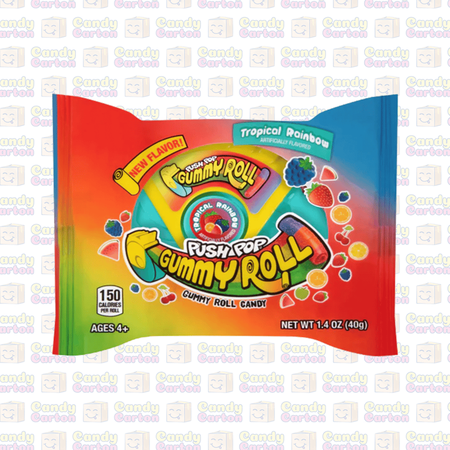 بوش بوب جمي رول نكهة الفواكة الاستوائية 40 جرام مستورد امريكا Push Pop Gummy Roll Tropical Rainbow 40G