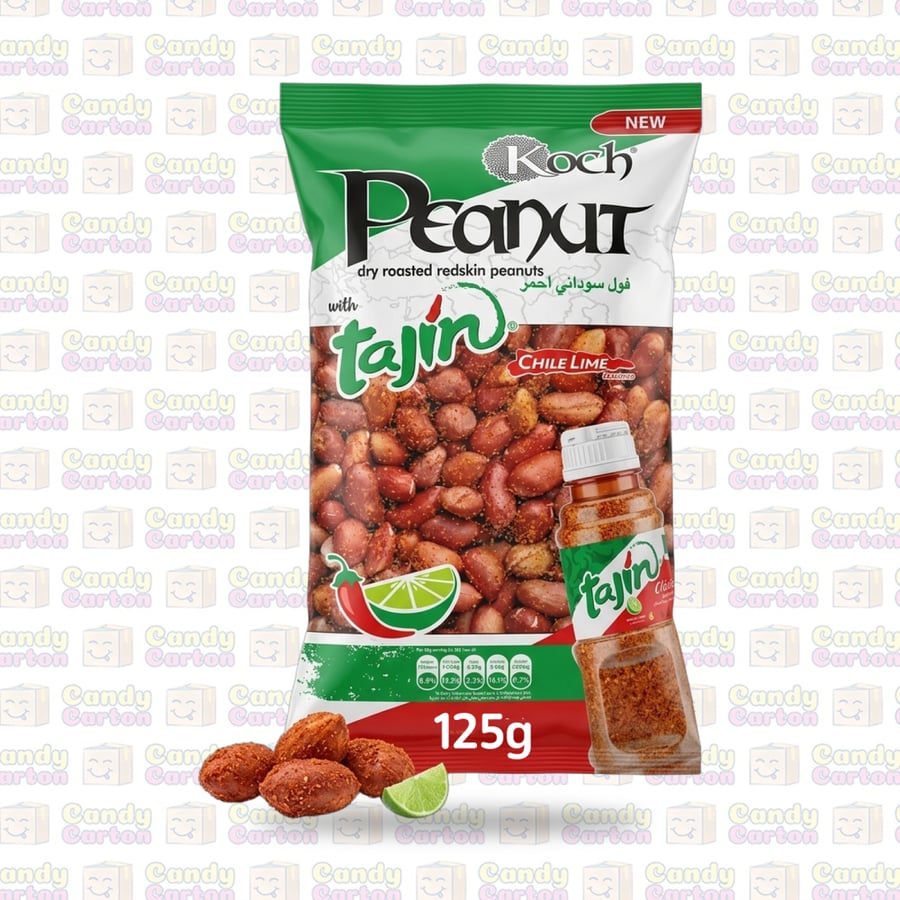 كوتش فول سوداني احمر محمص بتوابل تاجين المكسيكية شطة وليمون 125 جم مستورد من الامارات Koch Dry Roasted Redskin Peanuts with Tajin Chile Lime 125g