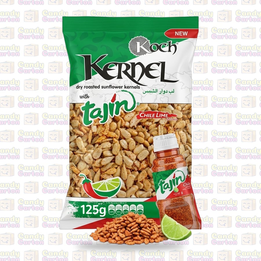 كوتش لب دوار الشمس المقشر المحمص بتوابل تاجين المكسيكية شطة وليمون  100 جم مستورد من الامارات Koch Dry Roasted Sunflower Kernels with Tajin Chile Lime 100g