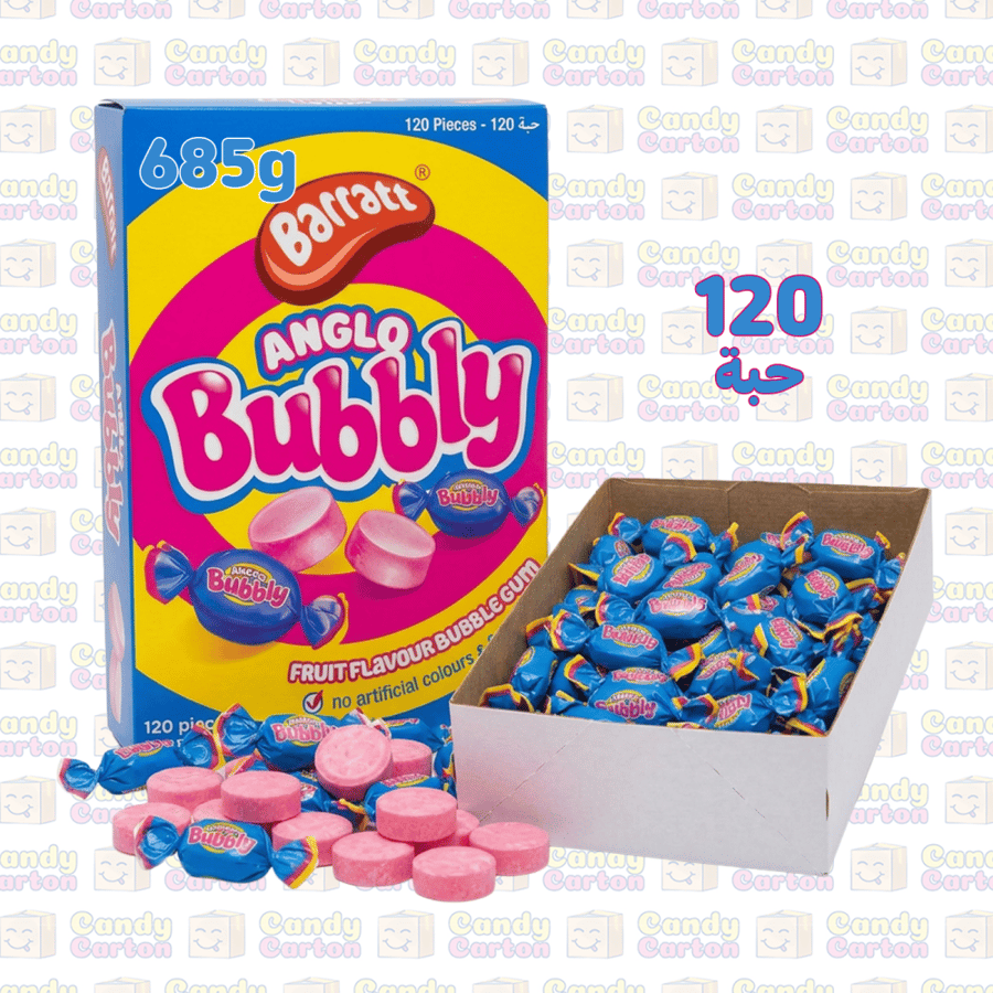 بارات حلوى علكة فقاعات بنكهة الفواكه انجلو ببلي 120 قطعة 685 جرام مستورد من بريطانيا Barratt Anglo Bubbly Fruit Flavour Bubble Gum 120 Pieces 685g