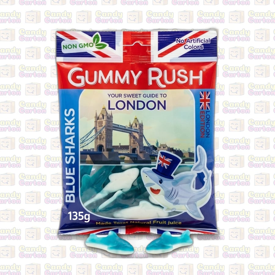 جيمي راش حلوى جلي اسماك القرش الزرقاء لندن135 جرام مستورد من تركيا Gummy Rush Blue Sharks London Edition 135g