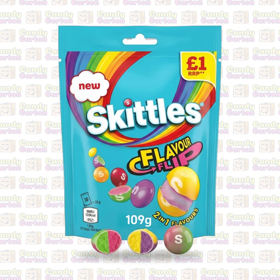 حلوى فواكه بنكهات مزدوجة معكوسة سكيتلز فليفر فليب 109جم مستورد من بريطانيا Skittles Flavour Flip 2 in 1 Candies 109g