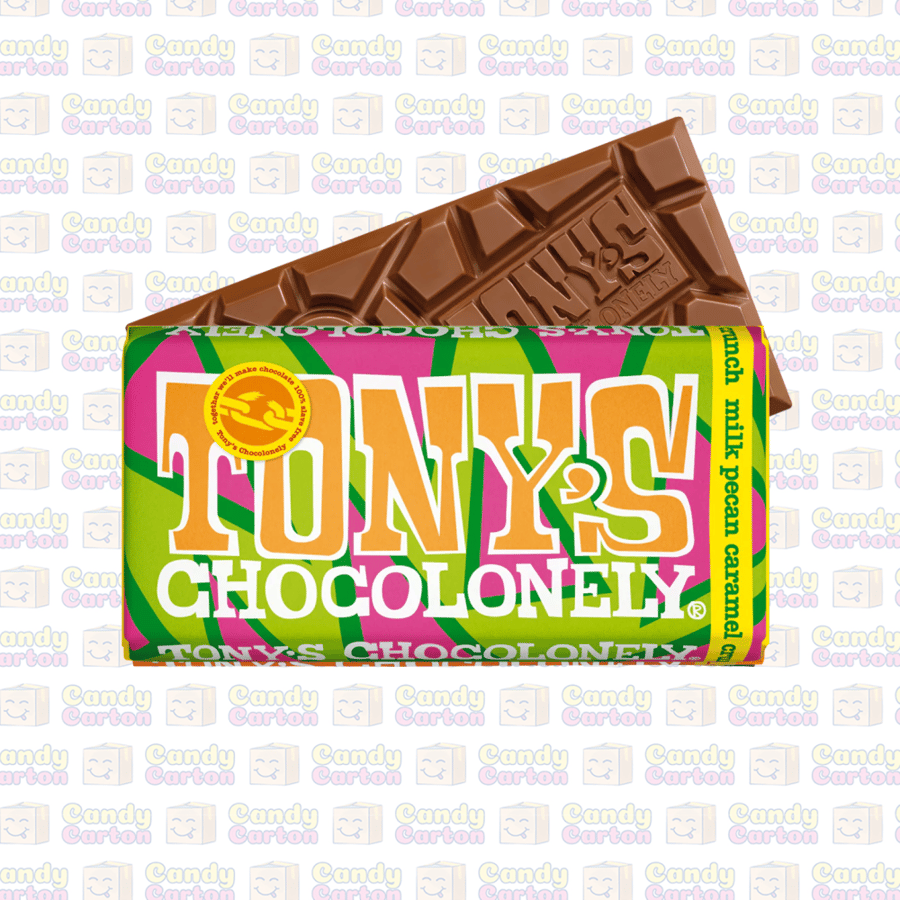 توني تشوكولونيلي شوكولاتة حليب مع جوز البقان والكراميل المقرمش 180 جرام مستورد من هولندا Tonys Chocolonely Milk Pecan Caramel Crunch 180g