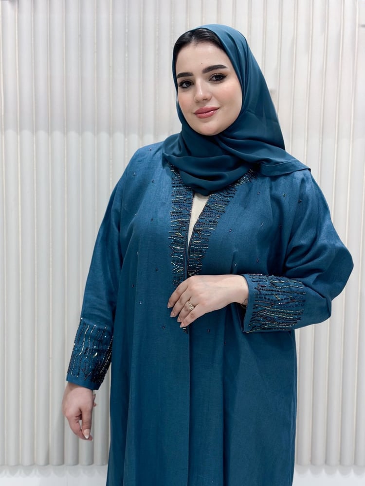 عباية لنن ياباني شك لون نيلي