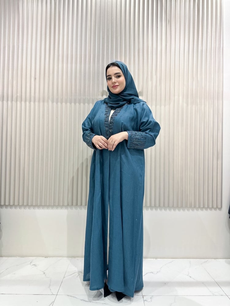 عباية لنن ياباني شك لون نيلي