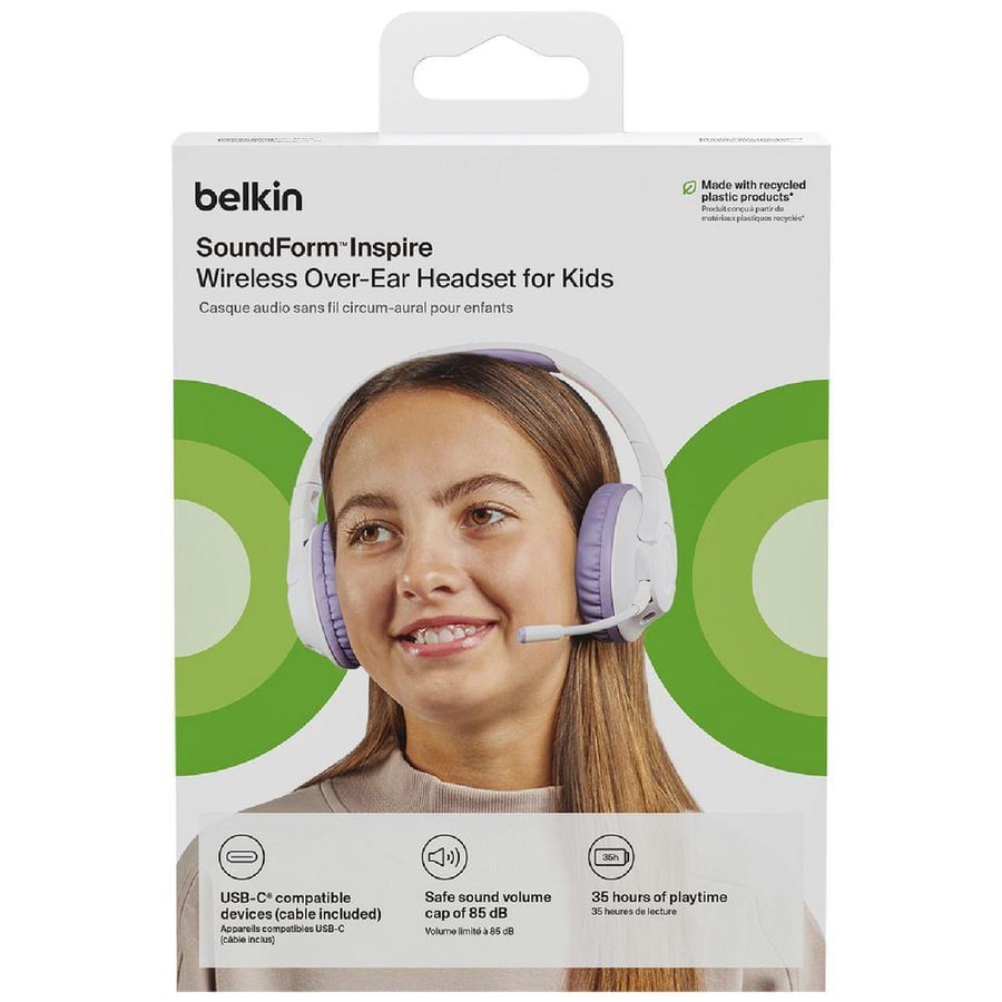 Belkin Kids Bluetooth Headphones with Microphone, White and Purple