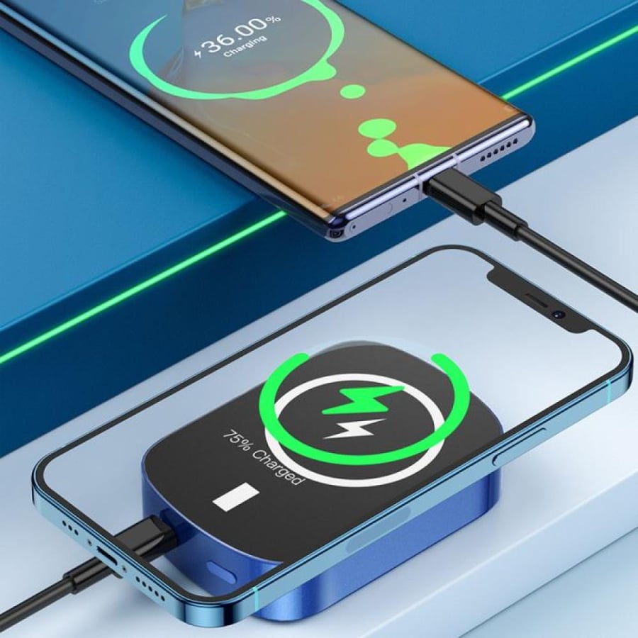 شاحن متنقل بسعة 10000 mah مع شاحن لا سلكي ماق سيف 15w pd 20w
