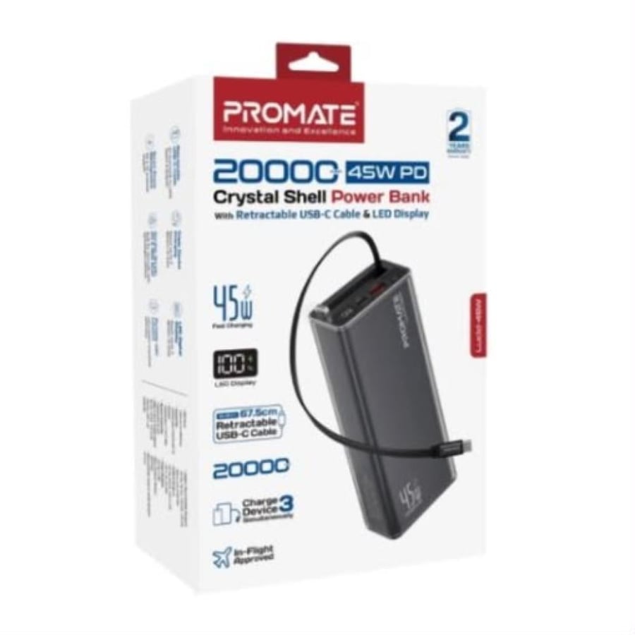 شاحن متنقل بقوة 20 الف 20W من PROMATE lucid-45w الون اسود