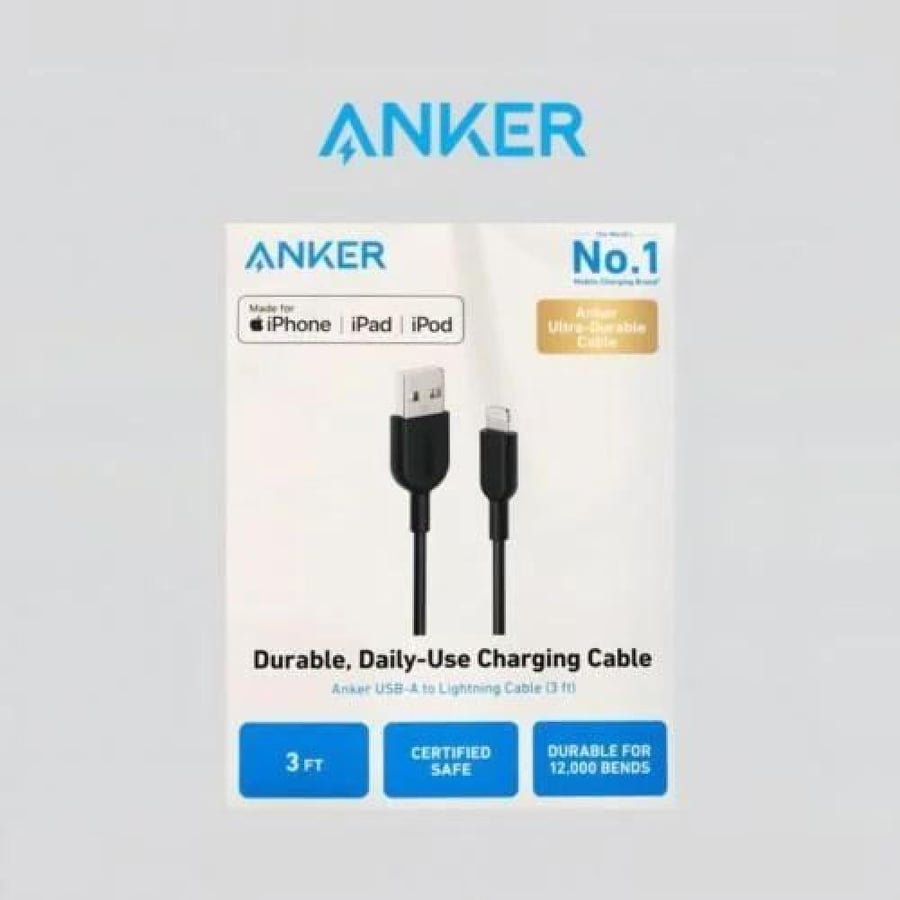 كيبل 0.9متر USB الى ايفون ربل اسود من ANKER