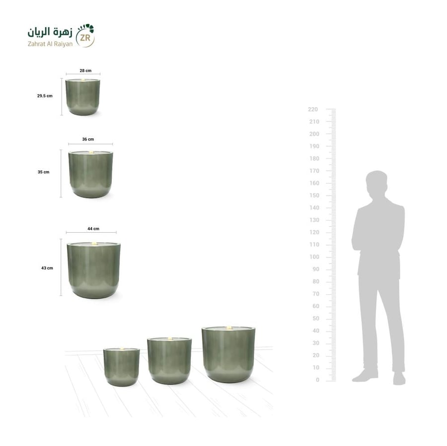 Circular fountain made of high-density polyethylene (HDPE) reinforced with fibers, fossil pattern, shiny green color