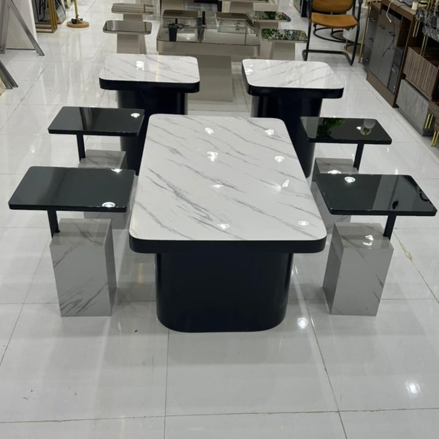 طقم طاولات ضيافة رخامي فاخر 7 قطع بتصميم عصري