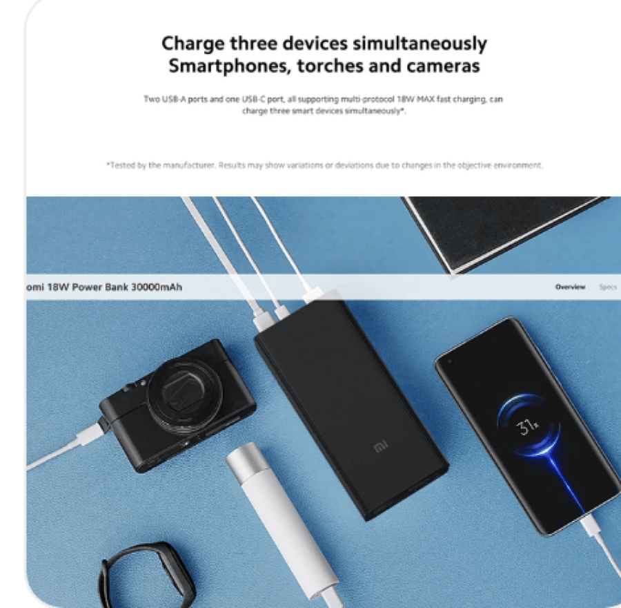 Xiaomi portable charger with two USB ports and one USB-C port, 30000 mAh capacity, 18W power, BHR9126GL - Black