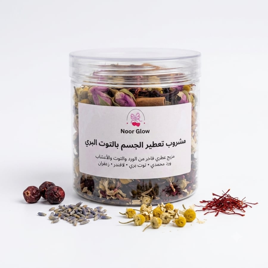 مشروب تعطير الجسم بالتوت البري + هدايا اليوم الوطني / ملح سبا للاقدام و كوب سيراميك و ملعقه خشبيه
