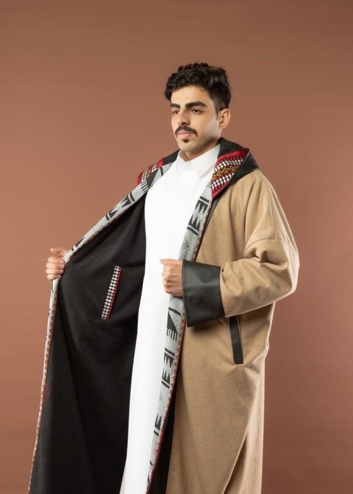 فروه قماش جوخ دبل فيس باللون البيج والأسود