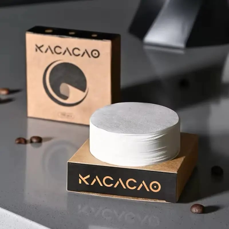 فلتر ورقي دائري أبيض من KACACAO مع علبتين بنية وسوداء للبورتافلتر