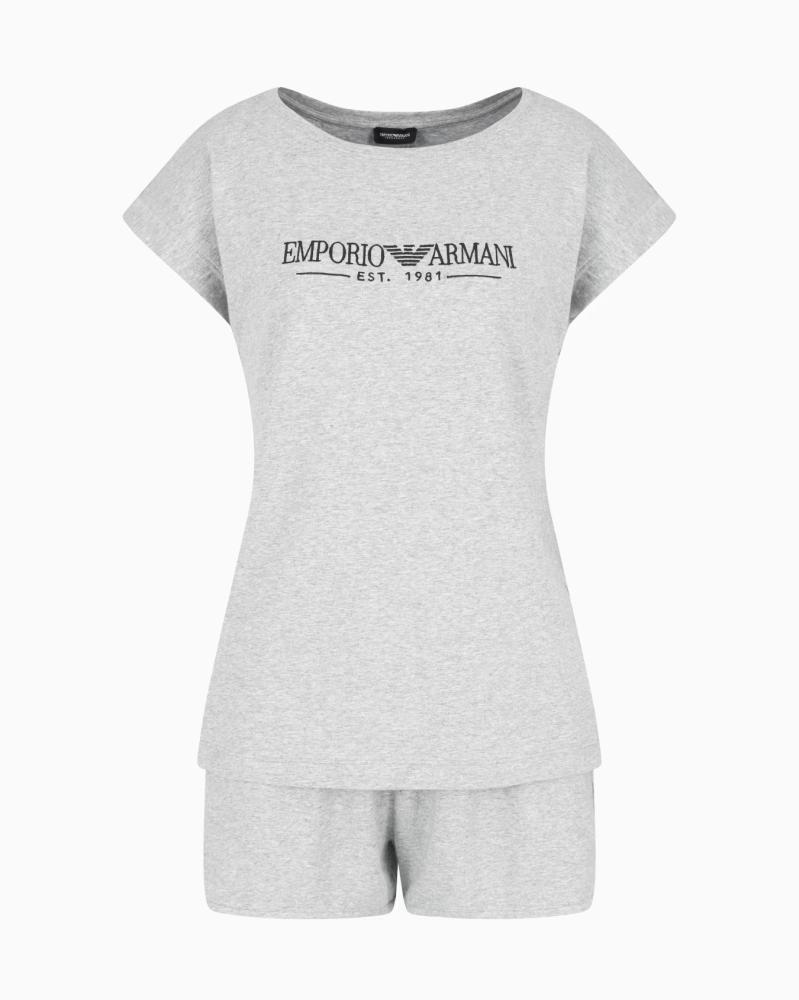 Emporio Armani - Organic-cotton pyjamas with T-shirt and shorts in a logo print