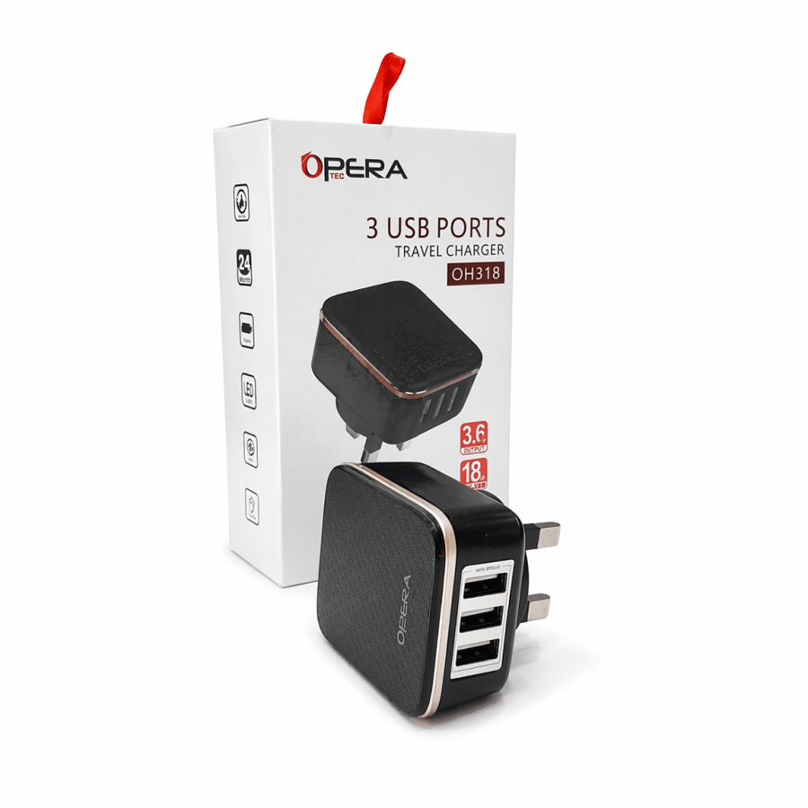 شاحن سفر 3 منافذ USB أسود