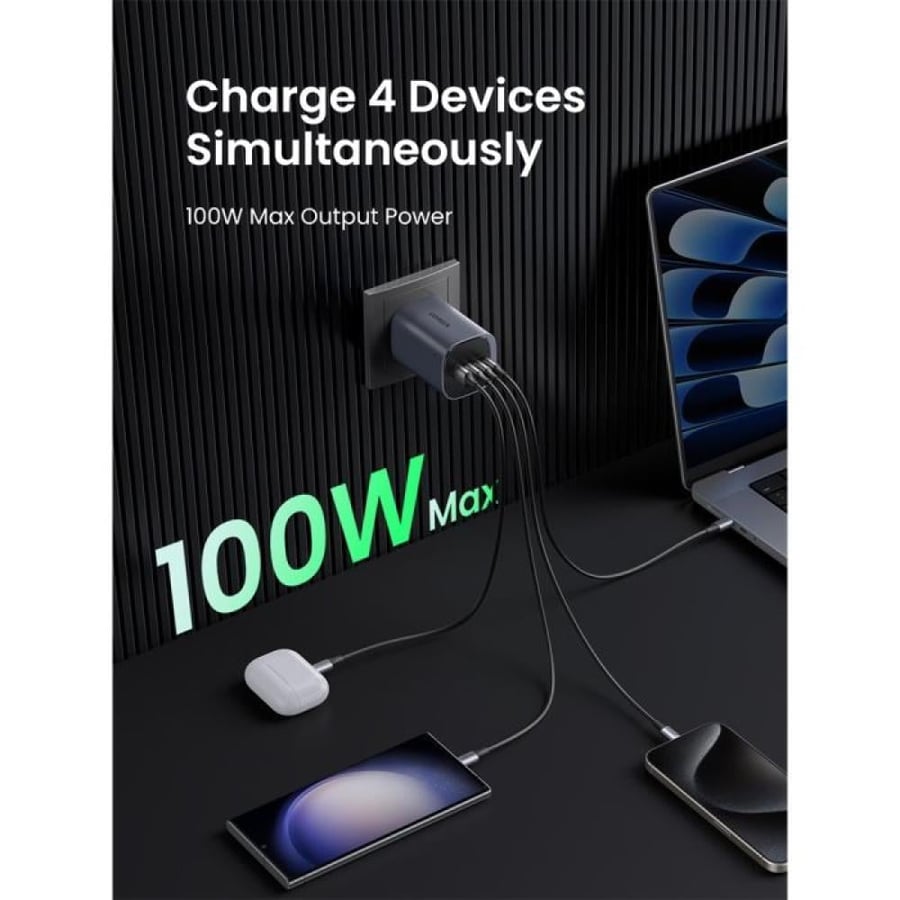 شاحن جداري Ugreen نيكسود S بقوة 100 واط رمادي يشحن أربعة أجهزة معا