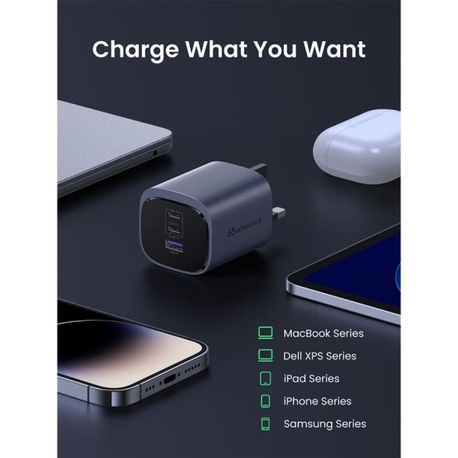 شاحن جداري يوجرين نيكسود S بتقنية GaN بمنفذين USB-C ومنفذ USB وبقوة 65 واط - رمادي