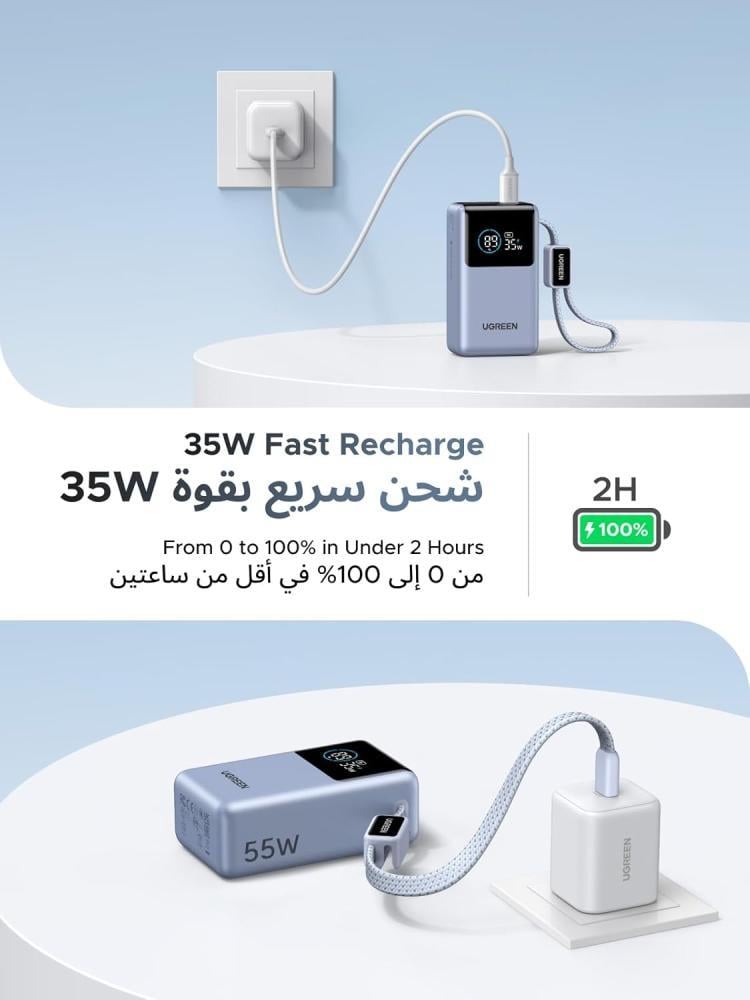بطارية UGREEN المتنقلة بقوة 55 واط مع كيبل تايب سي مدمج