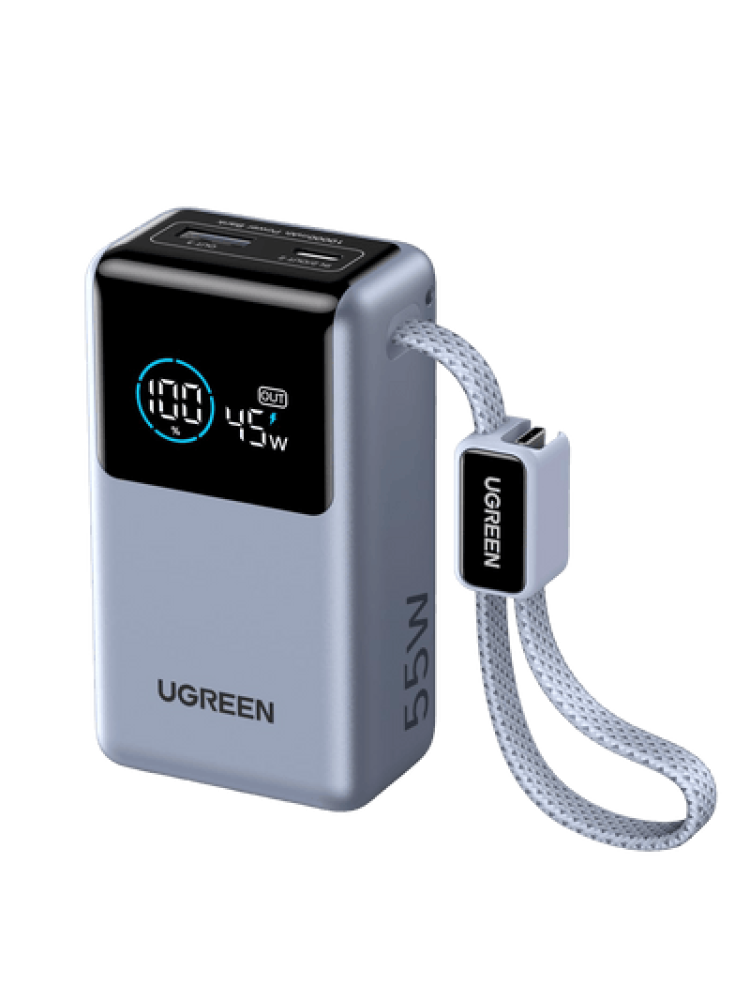 بطارية UGREEN متنقلة 10000 مل امبير مع شاشة رقمية وكيبل تايب سي مدمج