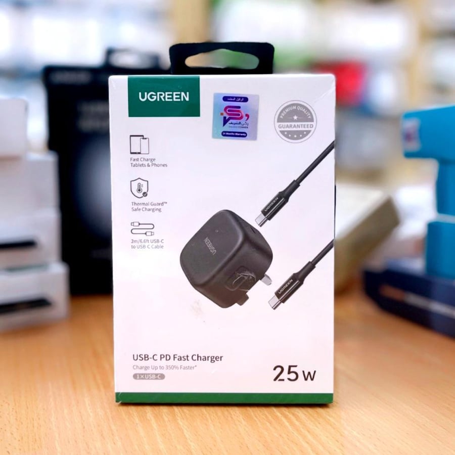 فيش جداري UGREEN سريع 25 واط مع كيبل تايب سي أسود