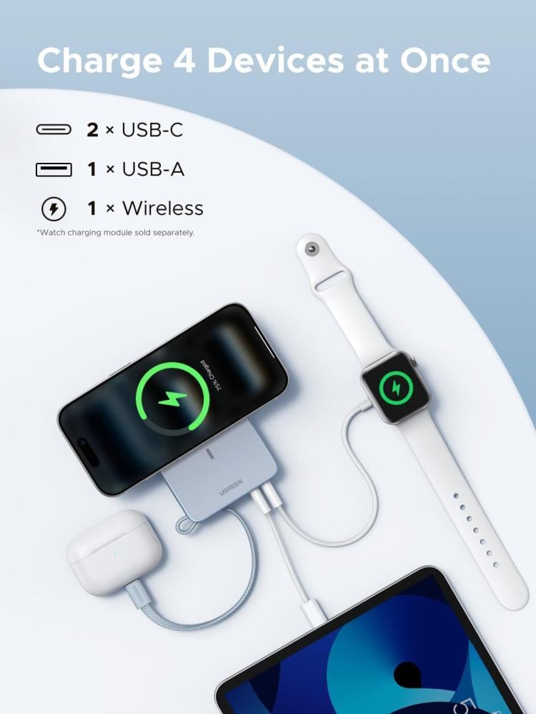 باور بانك UGREEN MagFlow مغناطيسي لاسلكي 10000mAh يشحن أربعة أجهزة معا