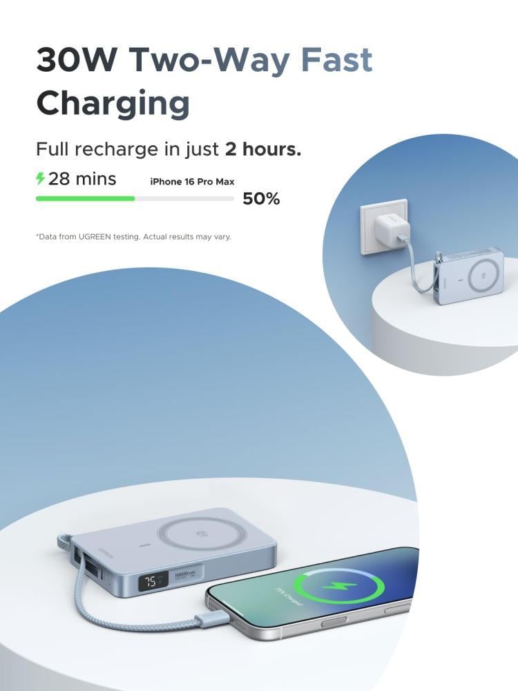 باور بانك UGREEN MagFlow مغناطيسي لاسلكي 10000mAh بقوة 30 واط