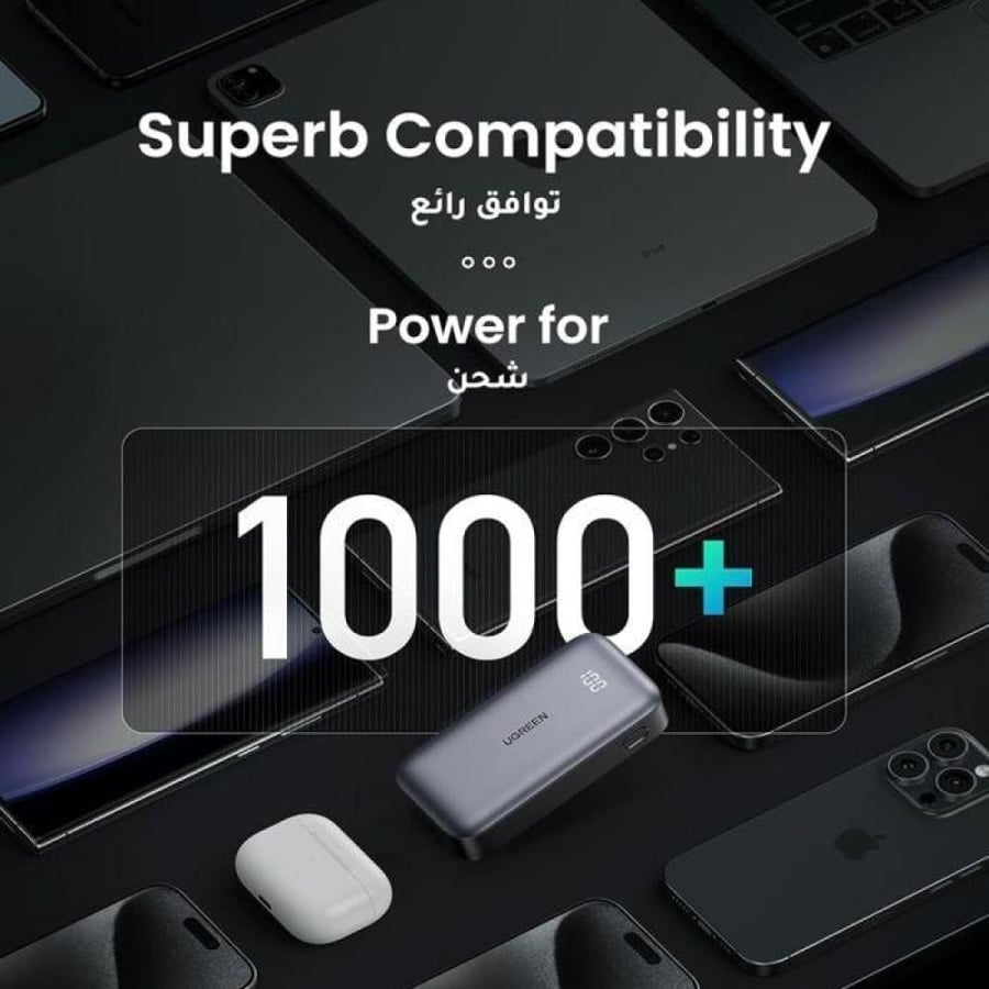 شاحن متنقل يوجرين بمنفذ PD وسعة 10000 مللي امبير أبيض