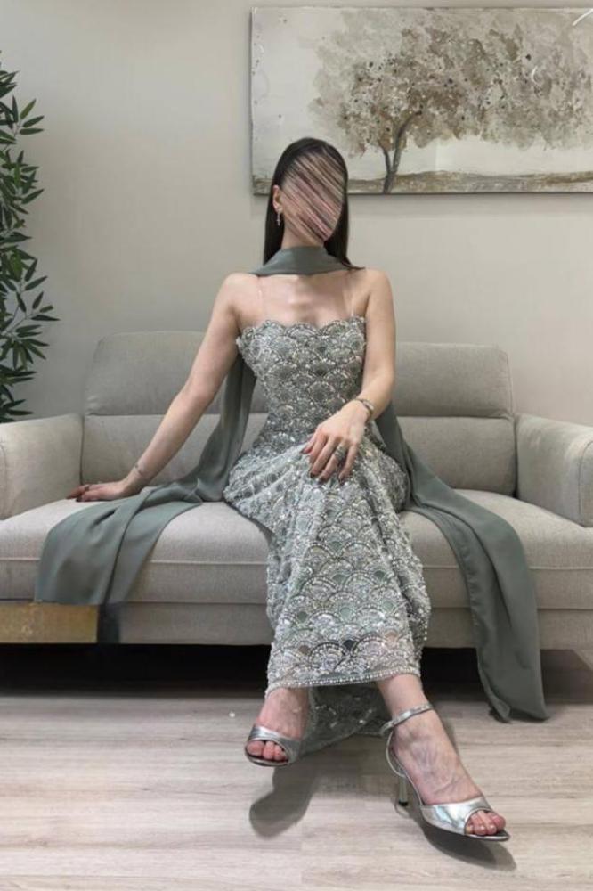 فستان سهره المزين بالتطريز خرز ولول بطانه تفته شال شيفون جورجيت
