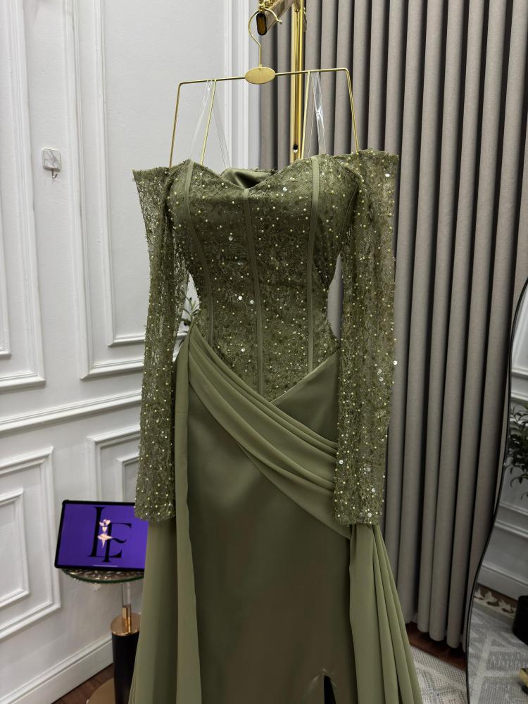 Evening dress with embroidery decorated with beads and georgette chiffon