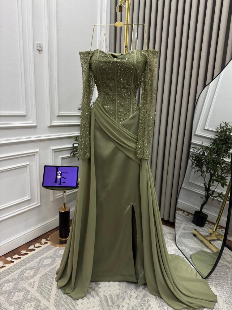 Evening dress with embroidery decorated with beads and georgette chiffon