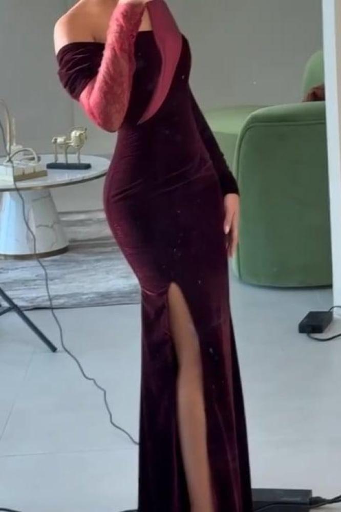 Velvet dress with lace sleeves