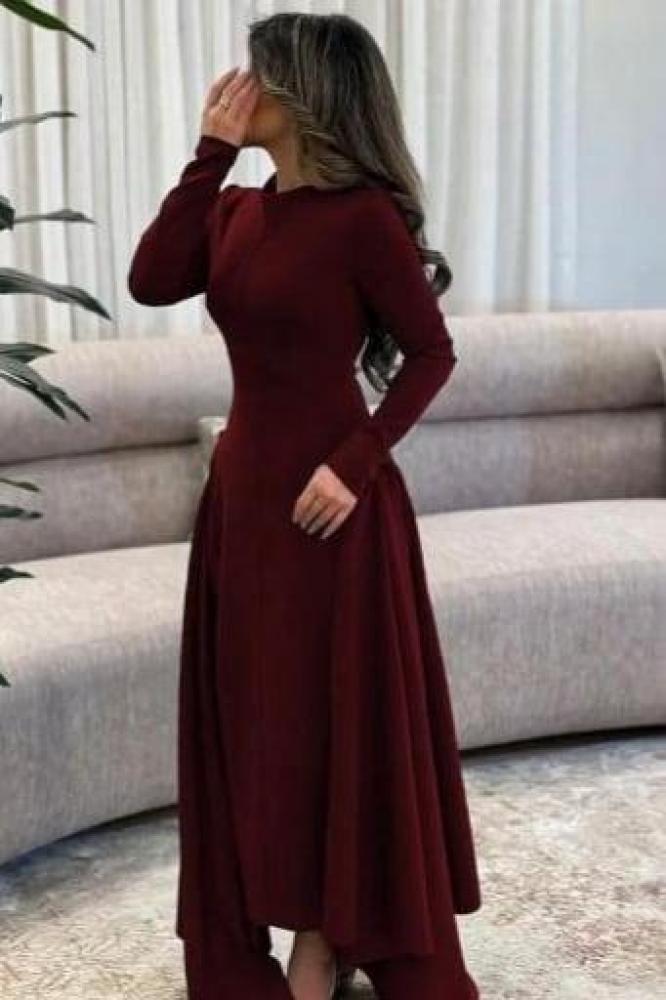 فستان  ناعم با اكمام طويله المزين بالكرستال