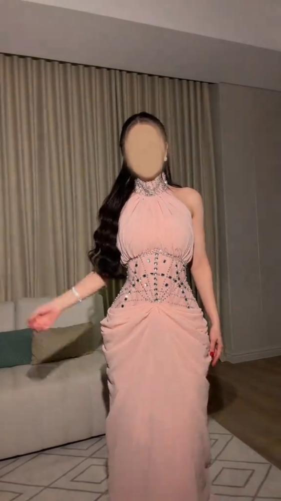 فستان سهره شيفون جورجيت المزين بالتطريز اليدوي بطانه باربي
