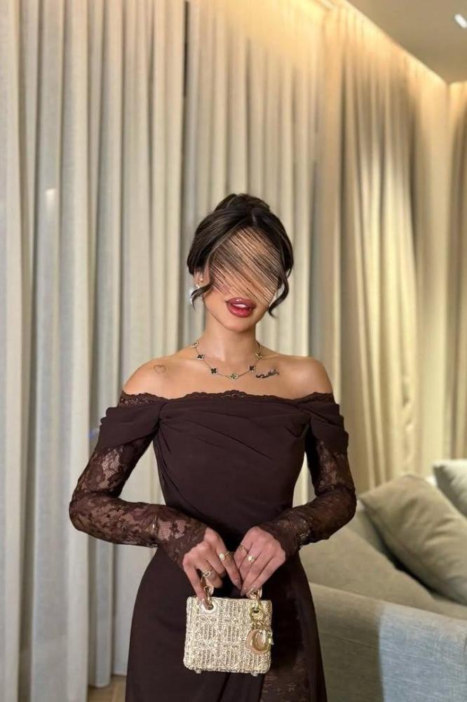 فستان ناعم مبطن دانتيل مشجر مبطن تفته لمعه