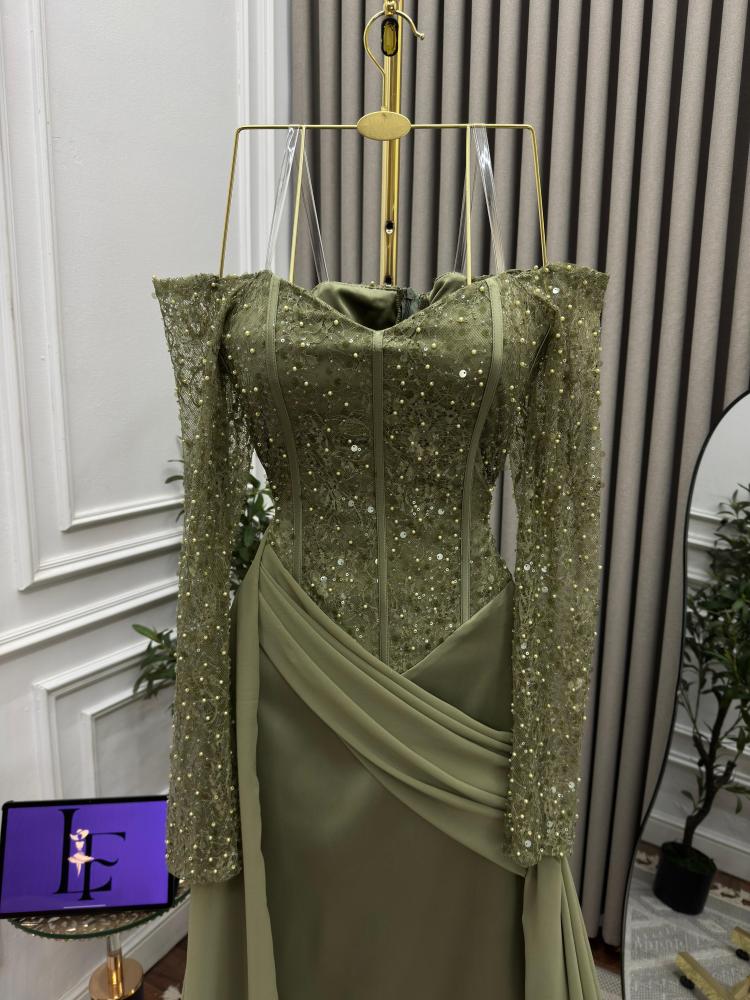 Evening dress with embroidery decorated with beads and georgette chiffon