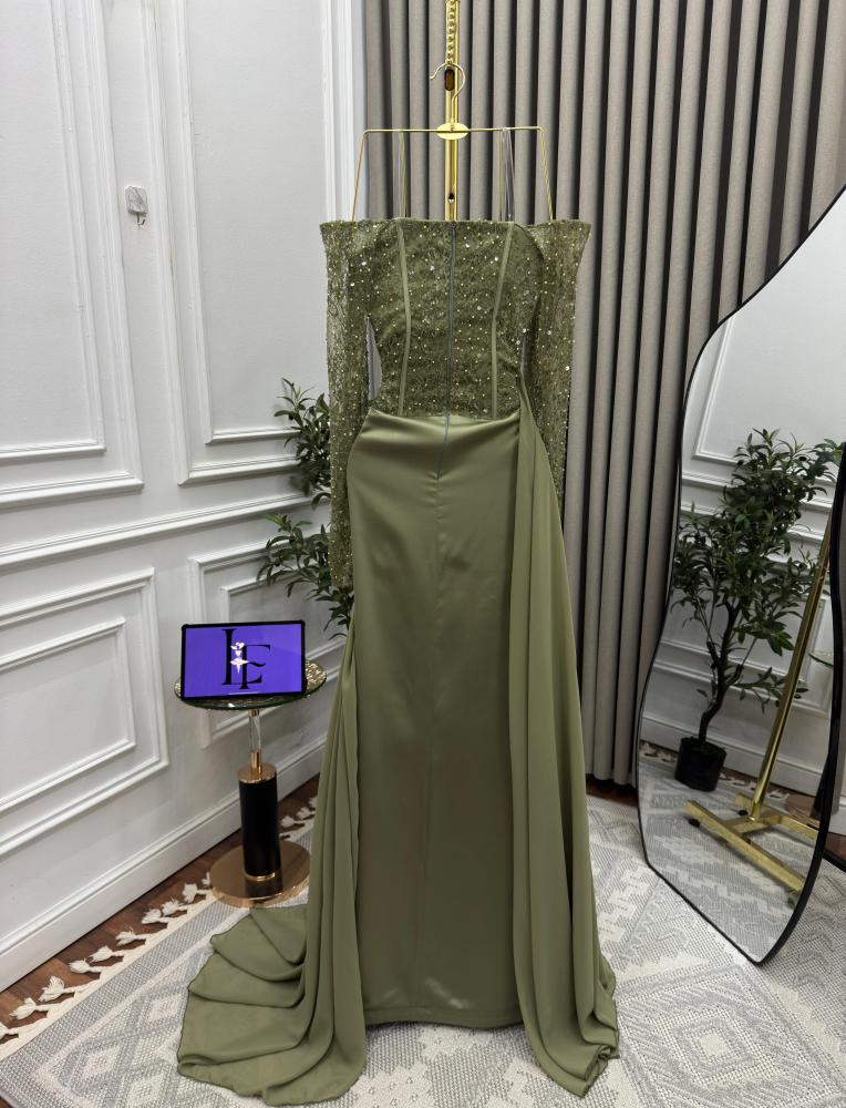 Evening dress with embroidery decorated with beads and georgette chiffon