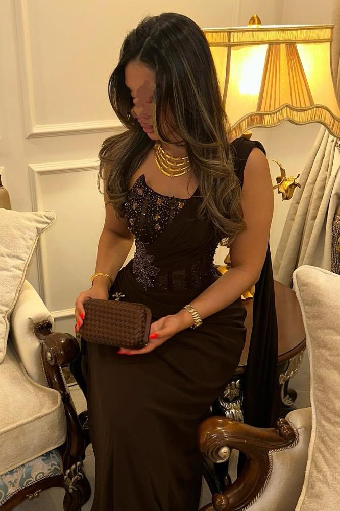 فستان سهره شيفون جورجيت المزين بالتطريز اليدوي بشكل انيق ومتناسق