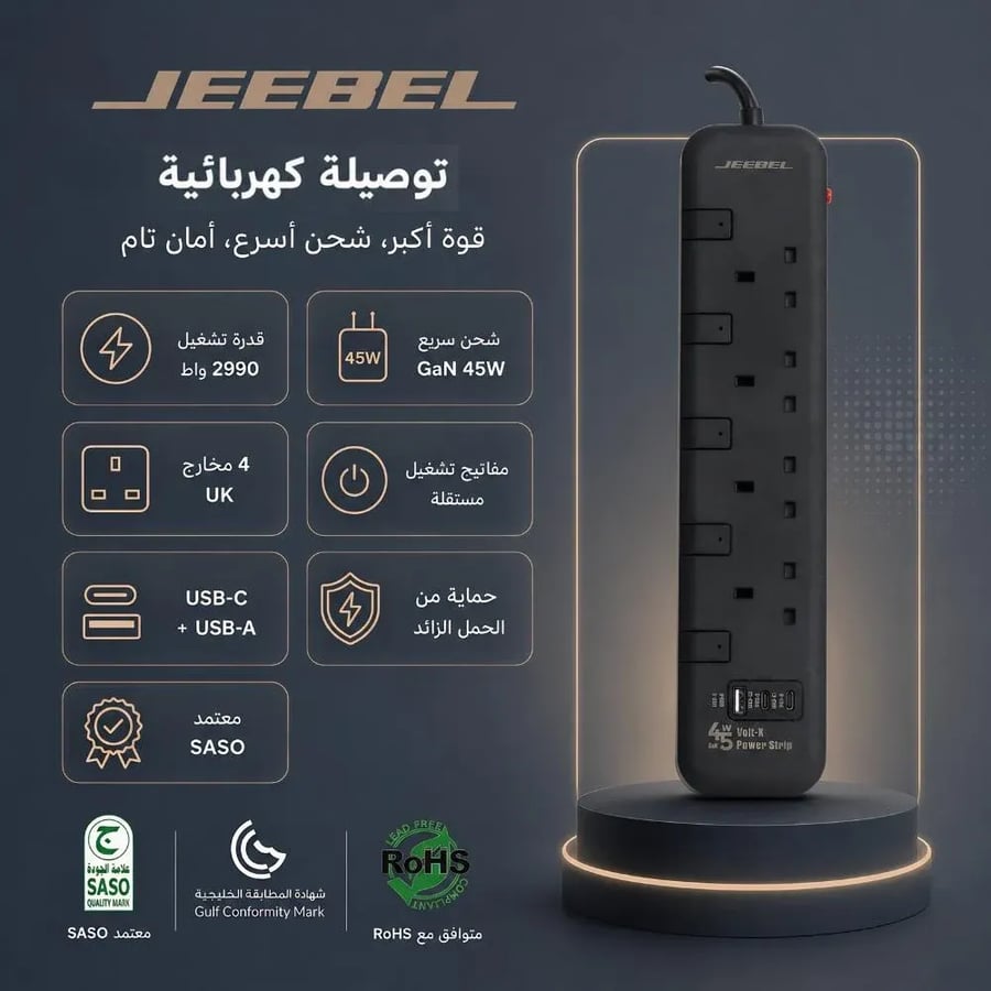توصيلة جيبل الكهربائية معتمدة SASO 2990 واط | شحن GaN سريع 45 واط 4 مخارج UK مستقلة + USB-C و USB-A حماية متقدمة وأمان عالي للأجهزة