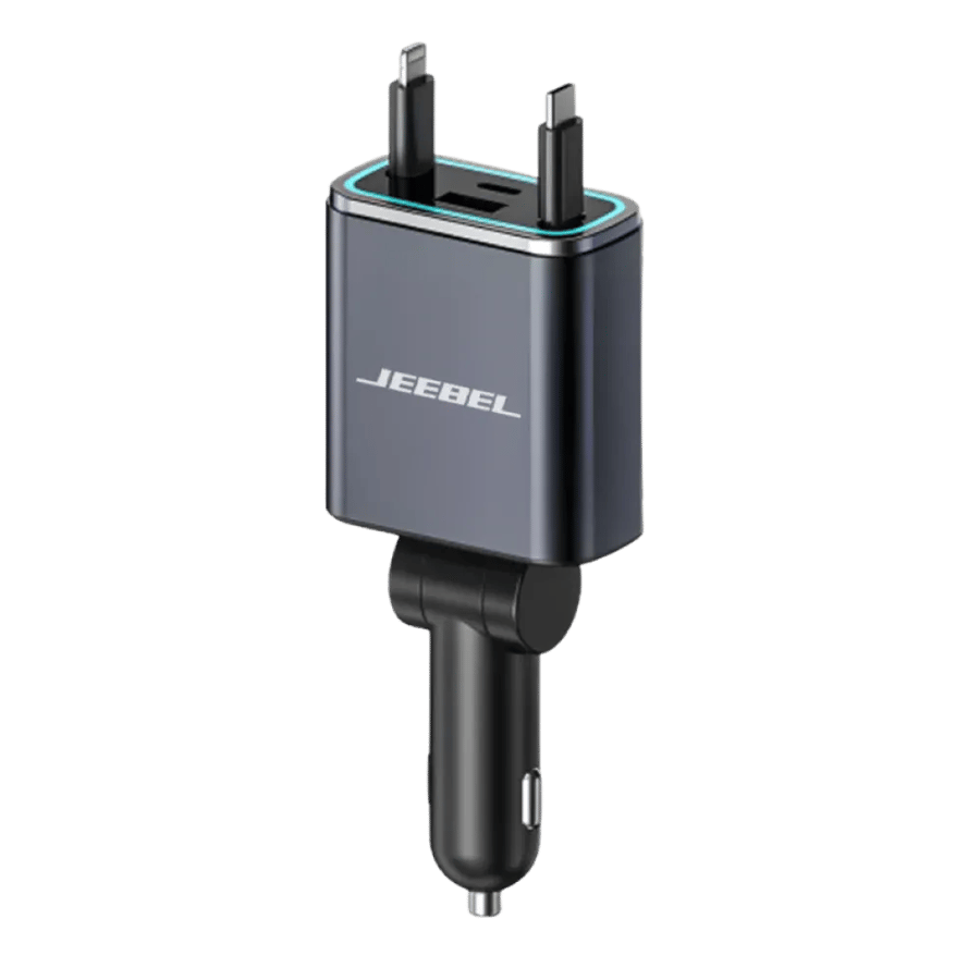 شاحن سيارة فائق السرعة 131 واط مع كيبل تايب سي وكيبل لايتنينج للـ آيفون مدمجين و USB-C و USB إضافيين