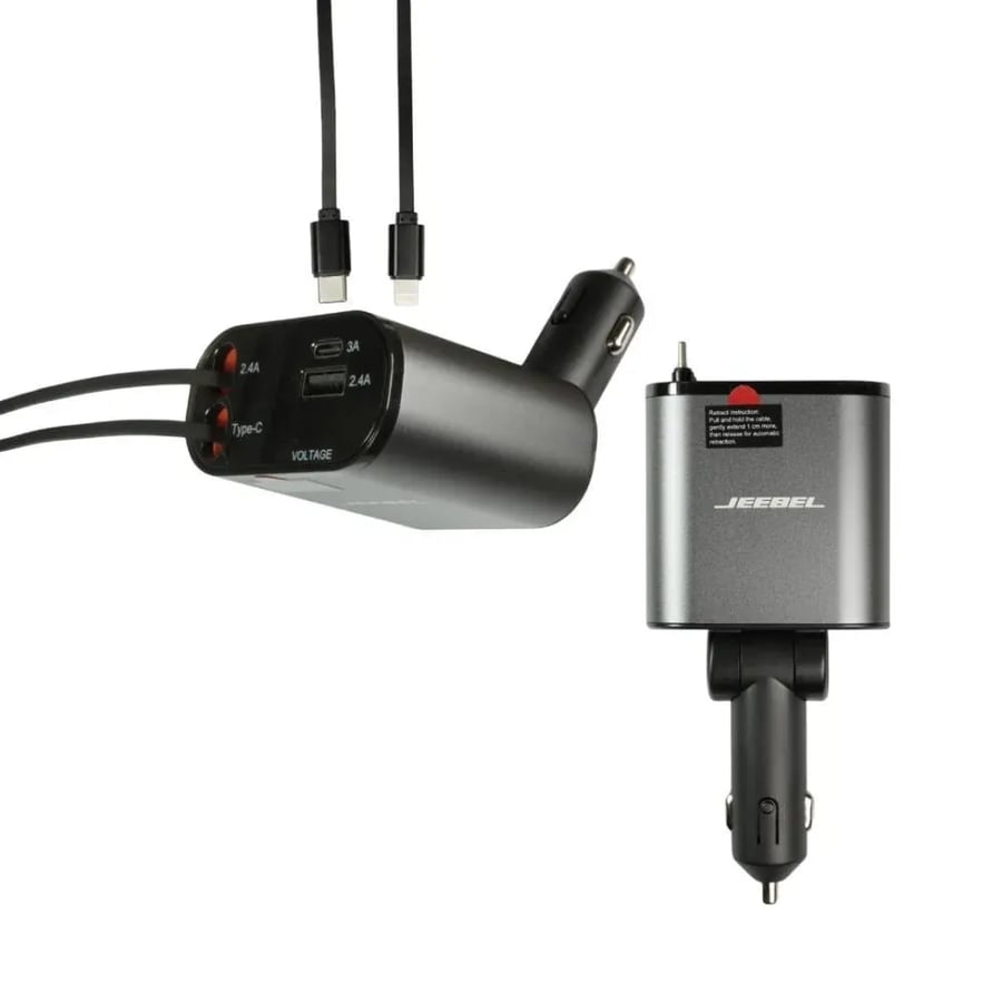 شاحن سيارة سريع الشحن بكابلين كابل لاينتنغ وكابل USB-C قابل للسحب , ومنفذ USB-C ومنفذ USB , شاحن متعدد الاستخدام بقوة 120 واط