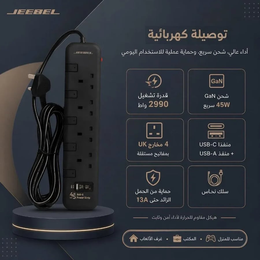 توصيلة جيبل الكهربائية معتمدة SASO 2990 واط | شحن GaN سريع 45 واط 4 مخارج UK مستقلة + USB-C و USB-A حماية متقدمة وأمان عالي للأجهزة