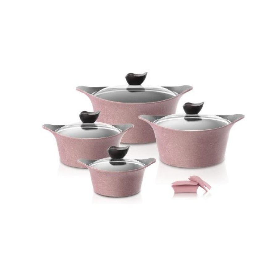 Eni Granite Cookware Set with Glass Lid, 8 Pieces, Pink