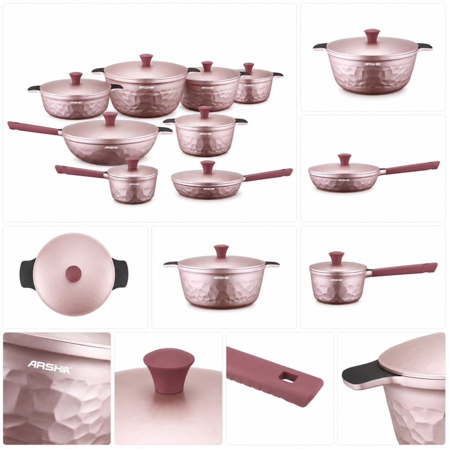 Arshia Diamond Cast Iron Cookware Set, 16 Pieces, Pink