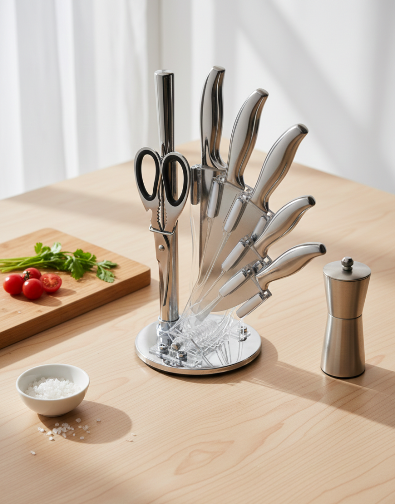 7-piece stainless steel kitchen knife set with rotating holder
