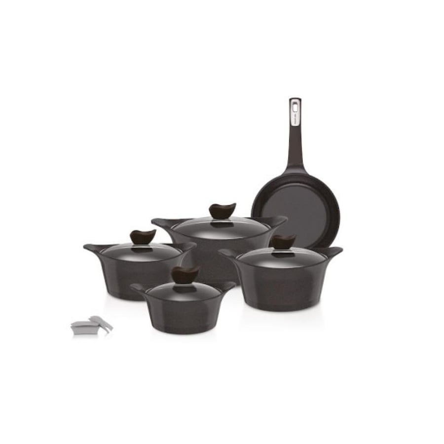 Eni Granite Cookware Set with Glass Lid, 9 Pieces, Black