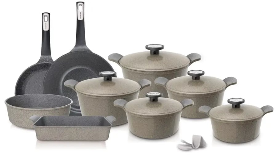 Korean granite cookware set, 14 pieces, beige